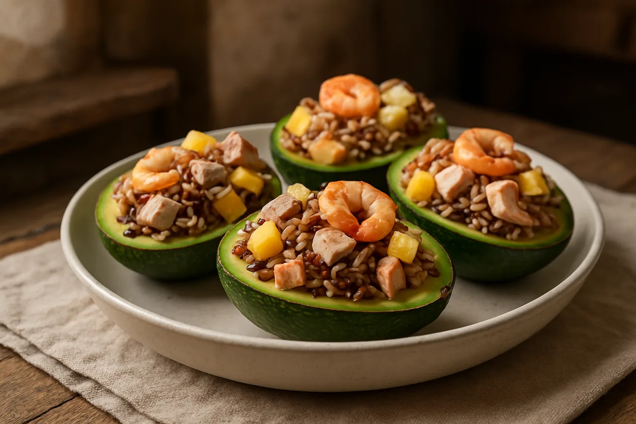 Foto de Aguacates Rellenos de Pavo, Piña, Arroz y Gambas