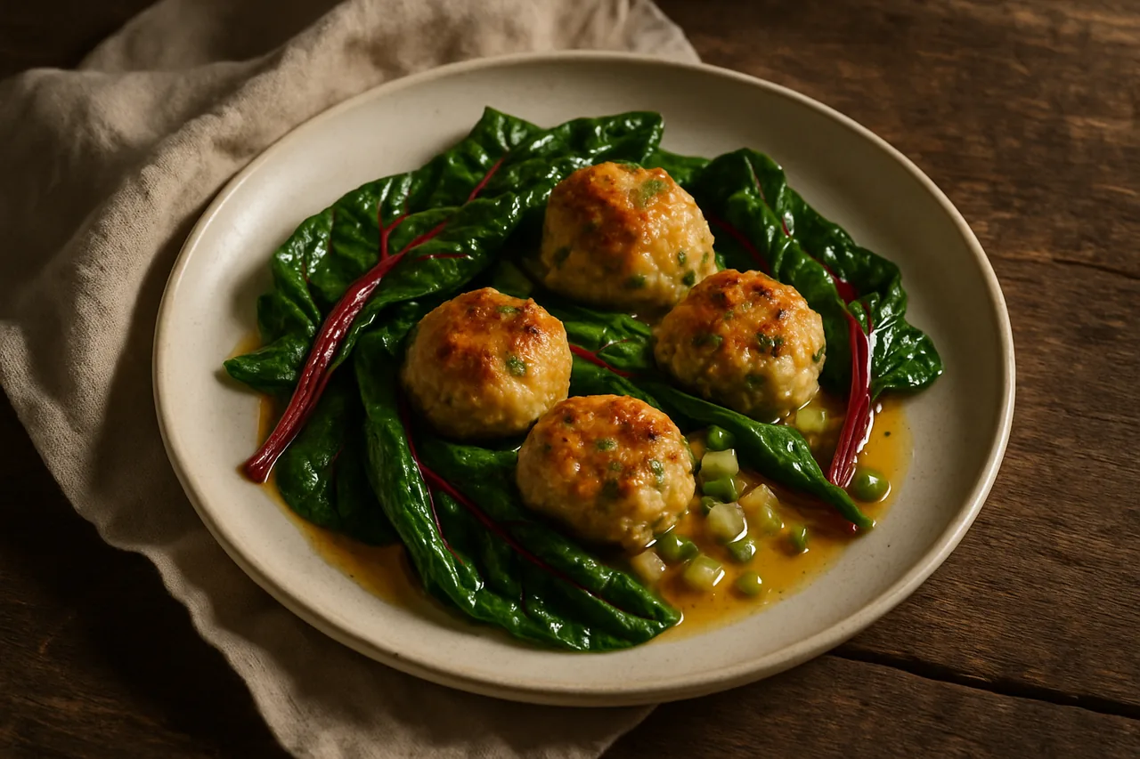 Foto de Albóndigas de Acelga y Pollo con Salsa de Pera y Cebolleta