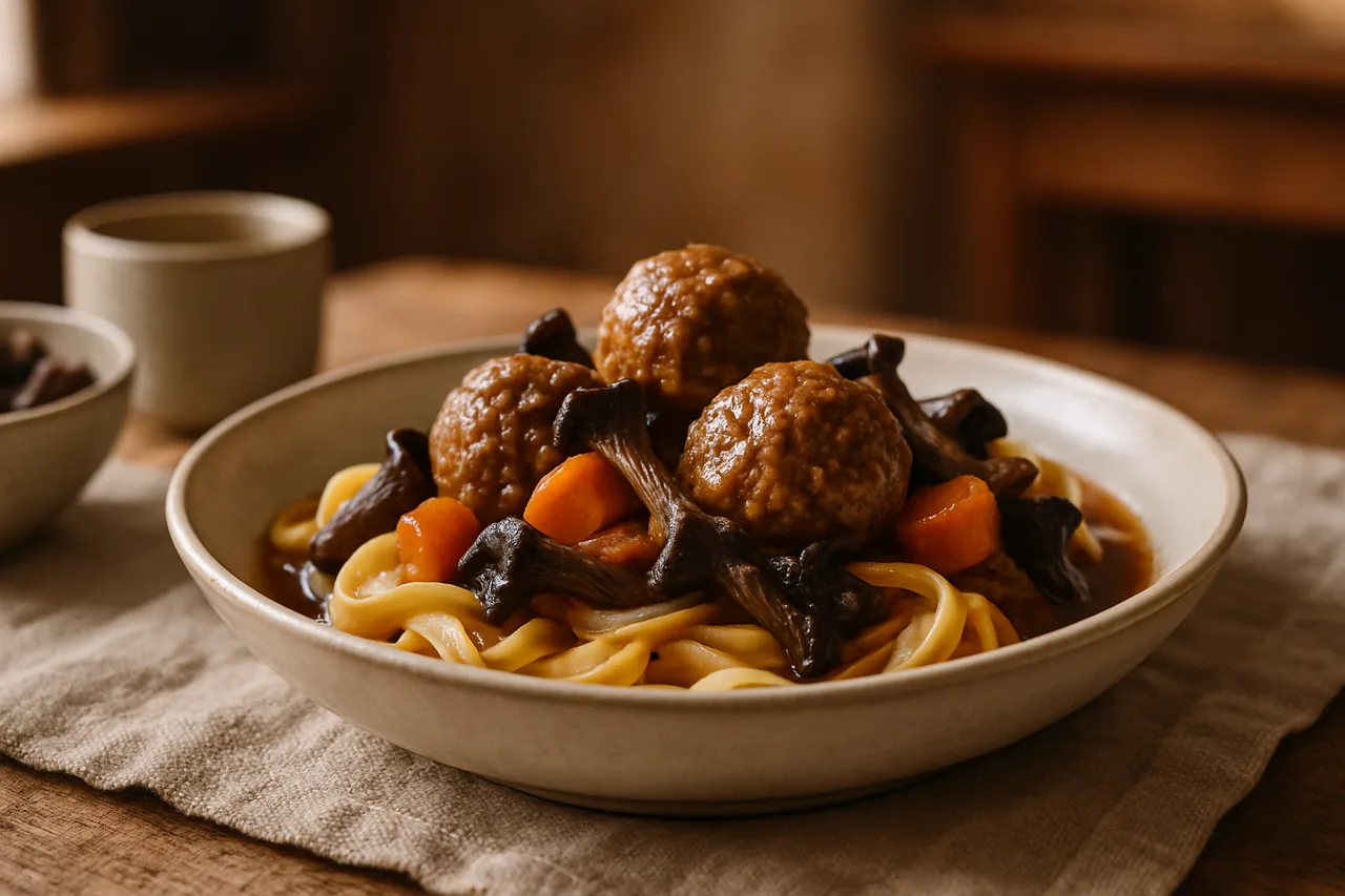 Foto de Albóndigas en salsa con pasta salteada
