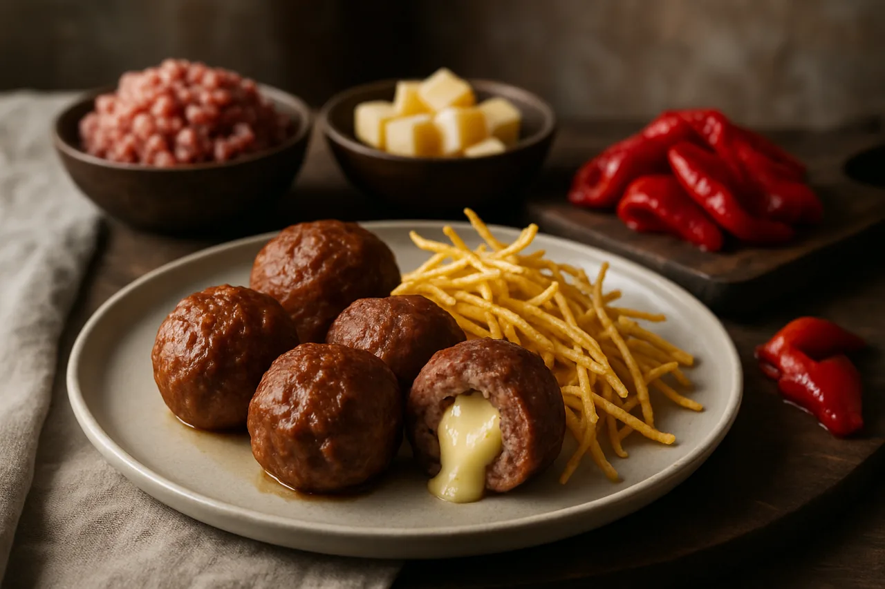 Foto de Albóndigas Rellenas de Queso con Patatas Paja