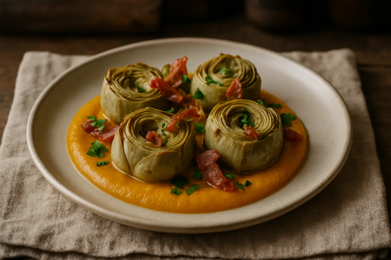 Foto de Alcachofas con crema de calabaza