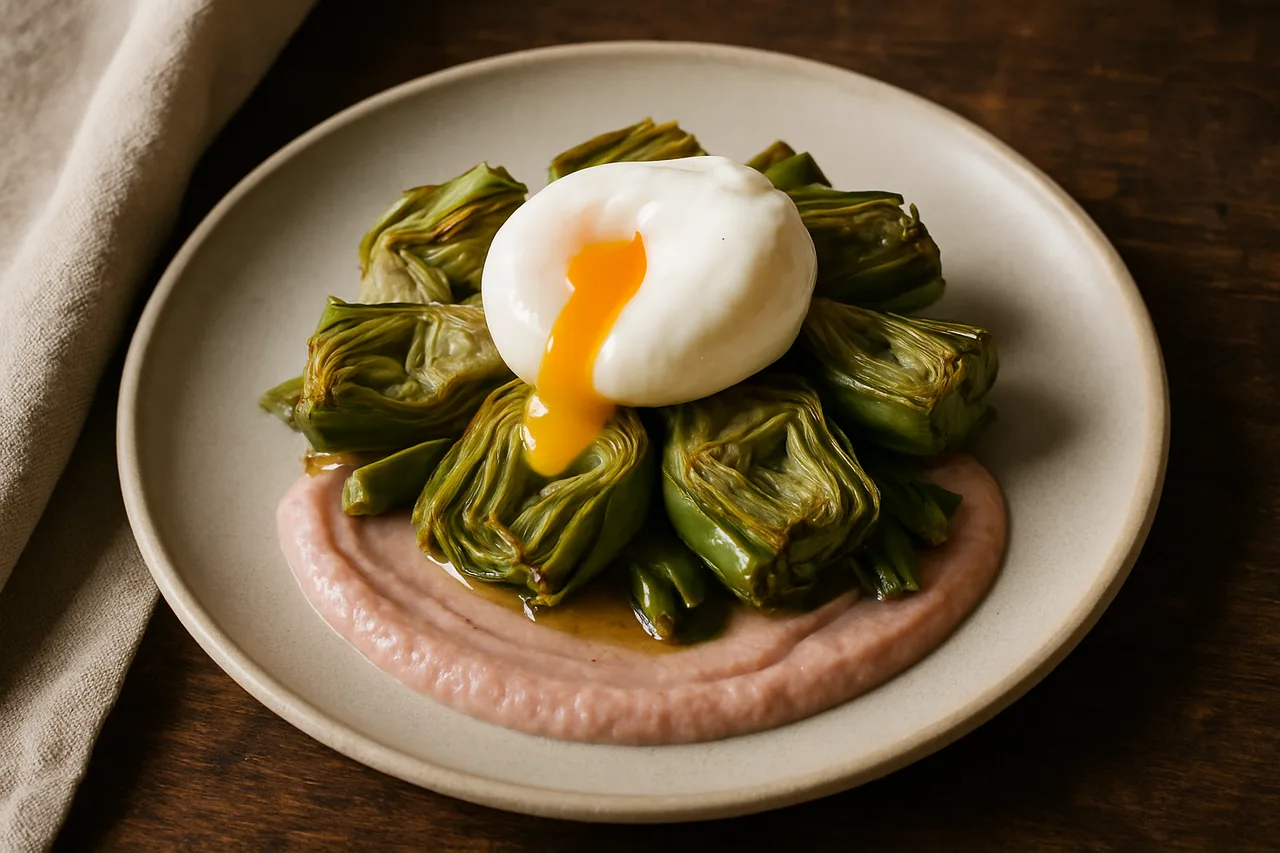 Foto de Alcachofas con Huevo Escalfado y Puré de Jamón