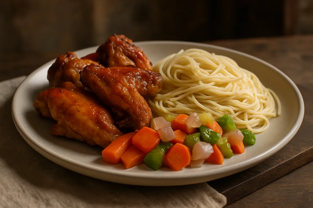 Foto de Alitas de Pollo Asadas con Fideos y Verduras