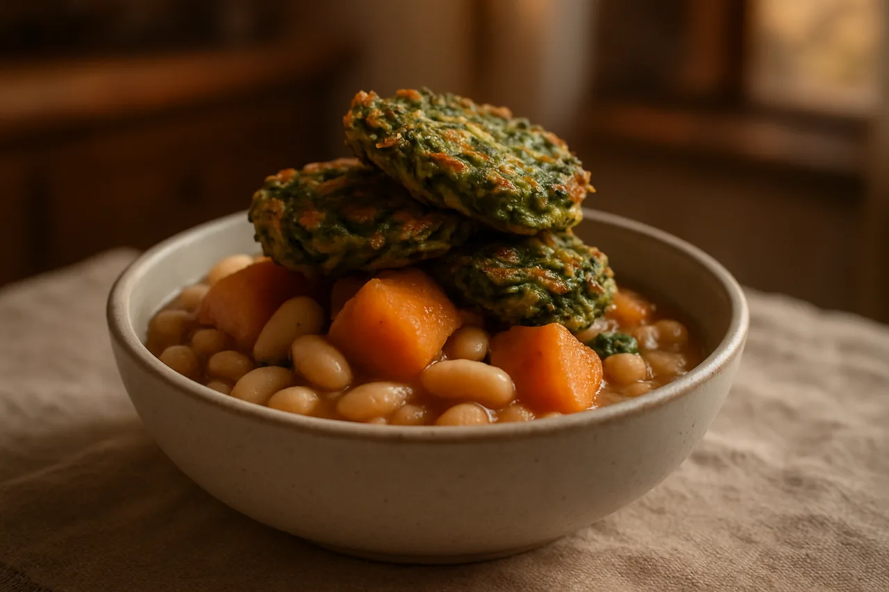 Foto de Alubias blancas con buñuelos de calabacín y espinacas