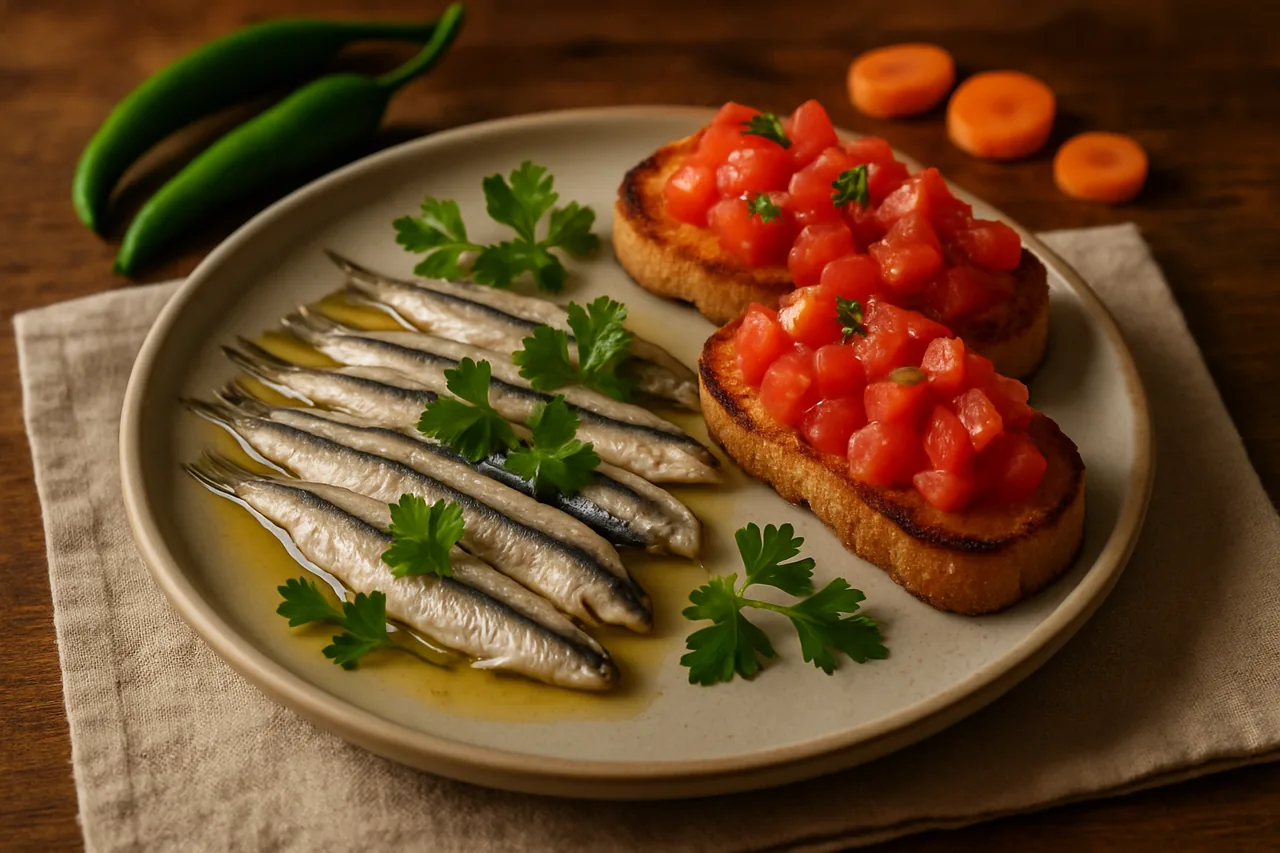 Foto de Anchoas en Escabeche con Pan Tostado y Tomate