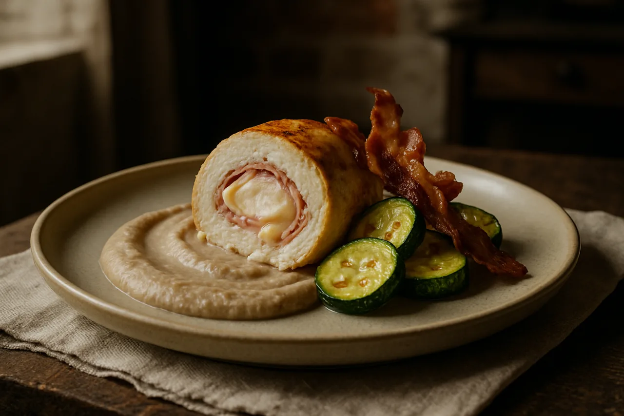 Foto de Atadito de Pollo Relleno de Jamón y Queso con Puré de Castañas