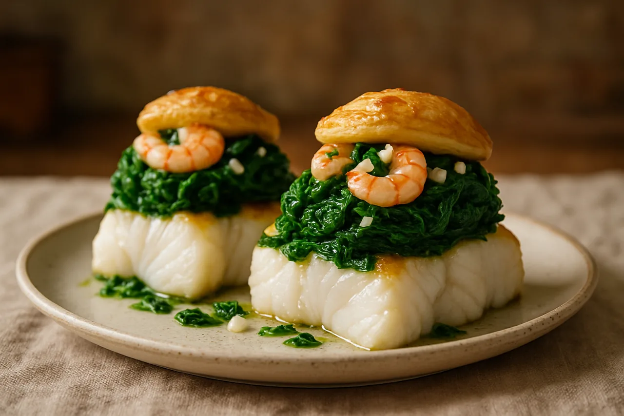 Foto de Bacalao fresco con pastelillos de espinacas y gambas