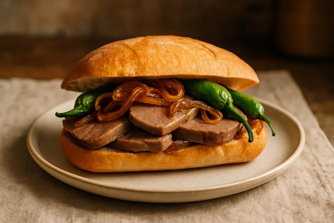 Foto de Bocadillo de lengua con pimientos y chalotas