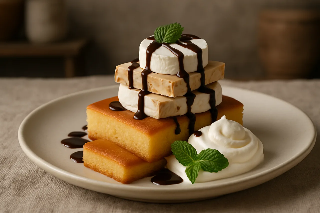 Foto de Bocado de bizcocho, queso y turrón