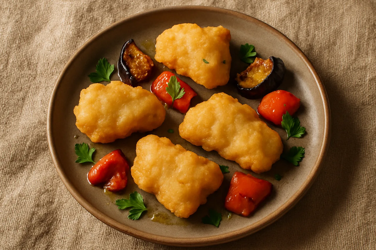 Foto de Bocados de Bacalao en Tempura con Berenjena y Pimientos Asados