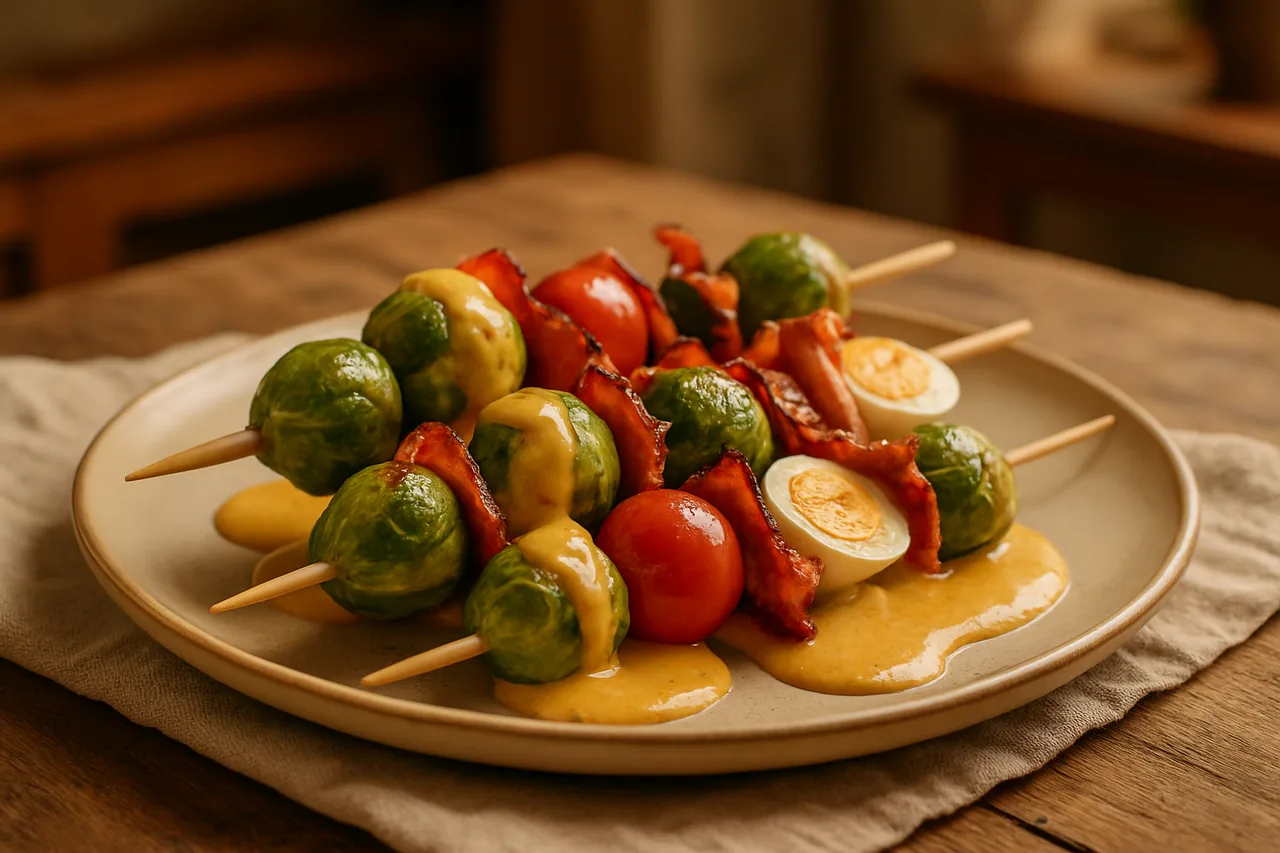 Foto de Brochetas de coles de Bruselas con salsa de curry