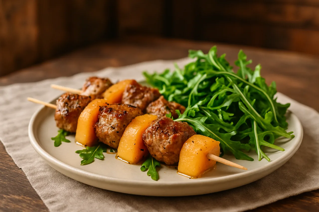Foto de Brochetas de solomillo y melón con ensalada de rúcula