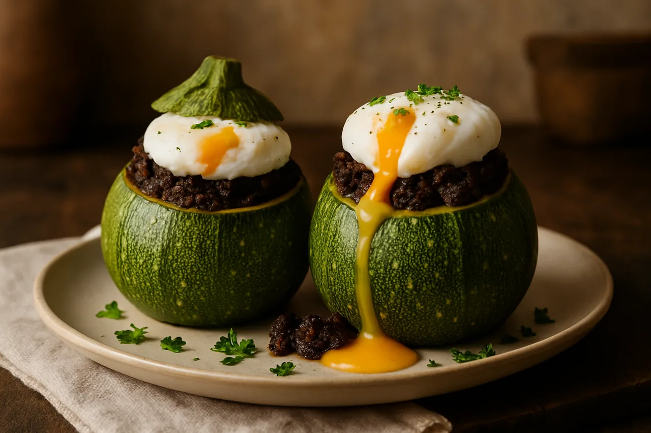 Foto de Calabacín Relleno de Morcilla y Huevo Escalfado