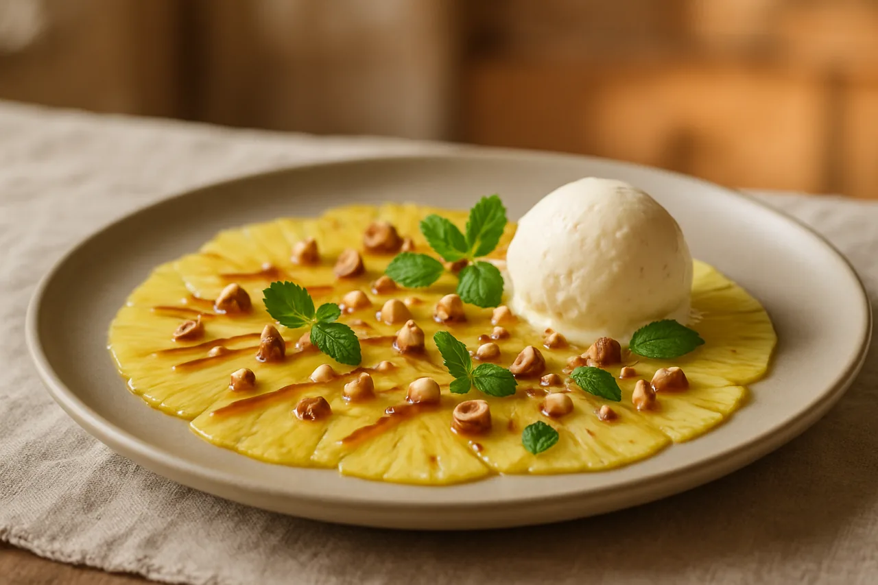 Foto de Carpaccio de piña con helado de vainilla