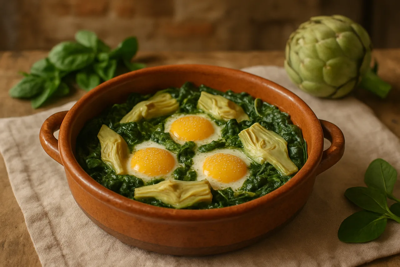 Foto de Cazuela de Huevos con Espinacas y Alcachofa