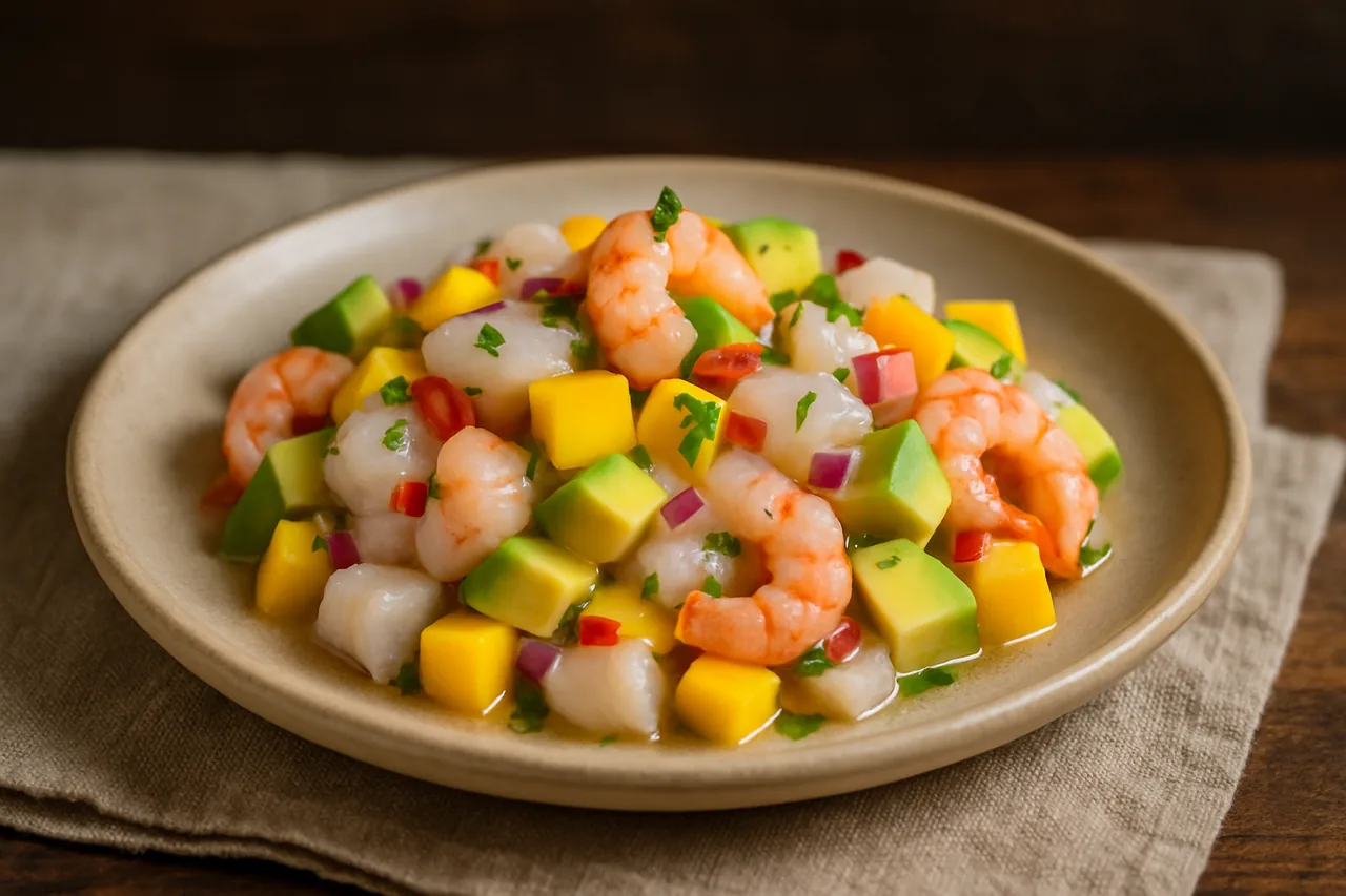 Foto de Ceviche de Lubina con Gambas, Aguacate y Mango