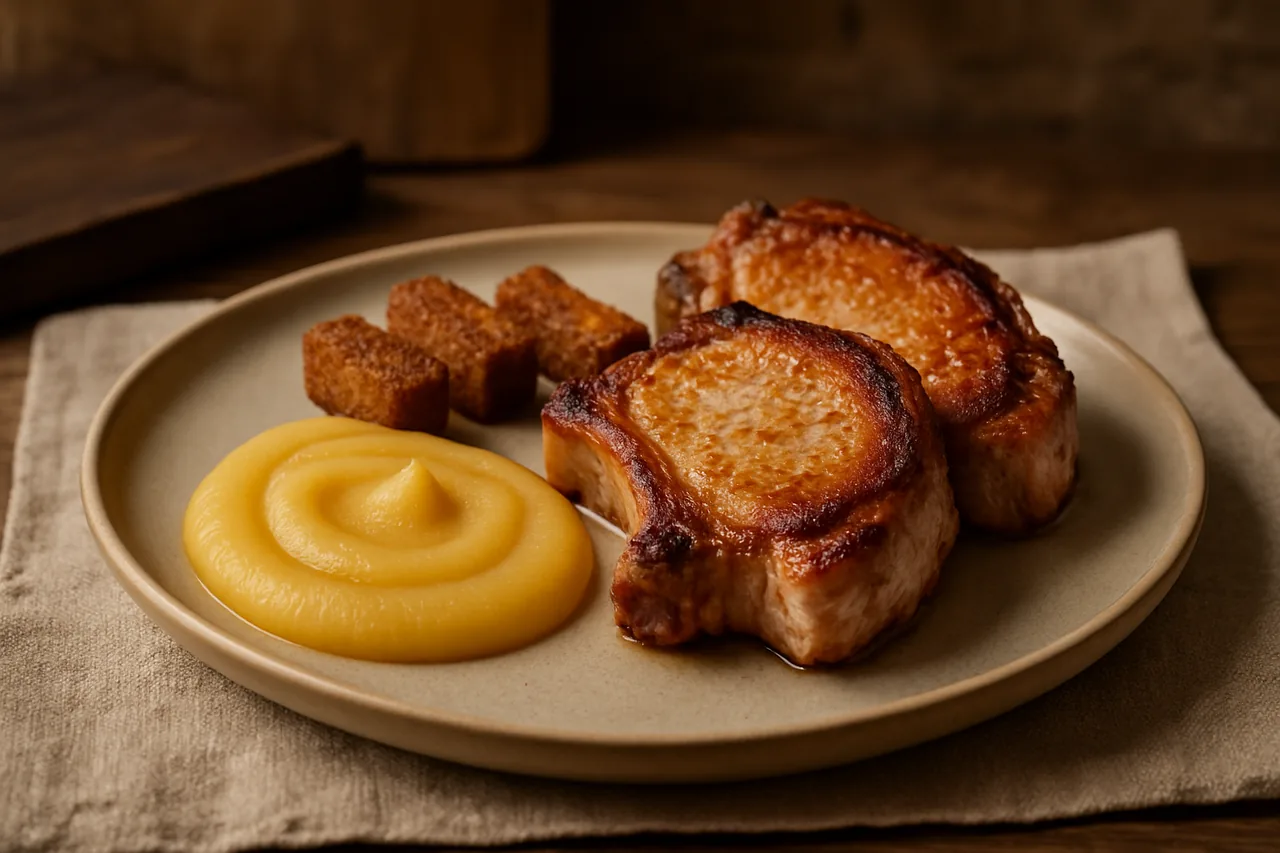 Foto de Chuletas de cerdo con puré de manzana y bricks de boletus