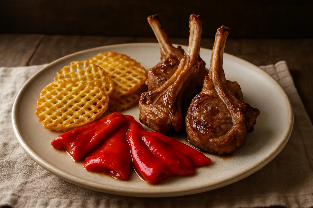 Foto de Chuletillas de cordero con patatas rejilla y pimientos