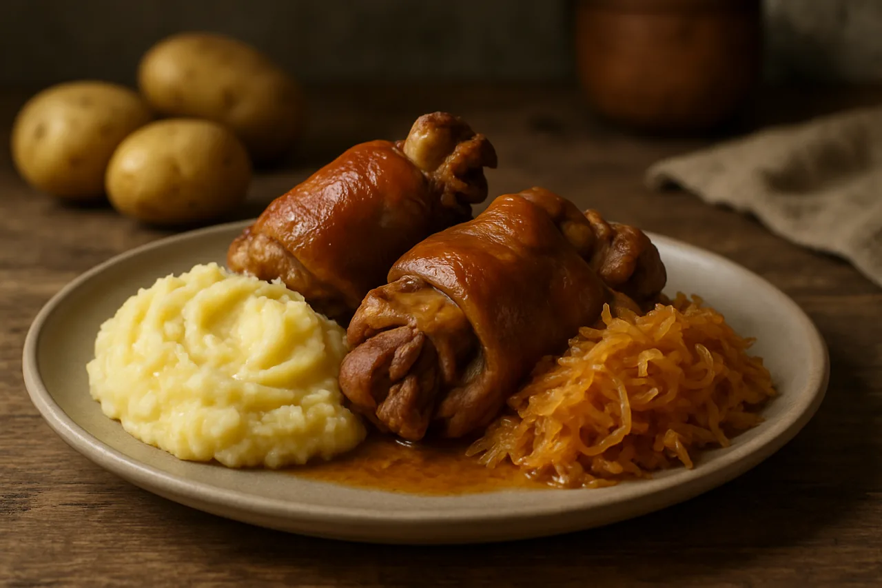 Foto de Codillo con chucrut y puré de patata