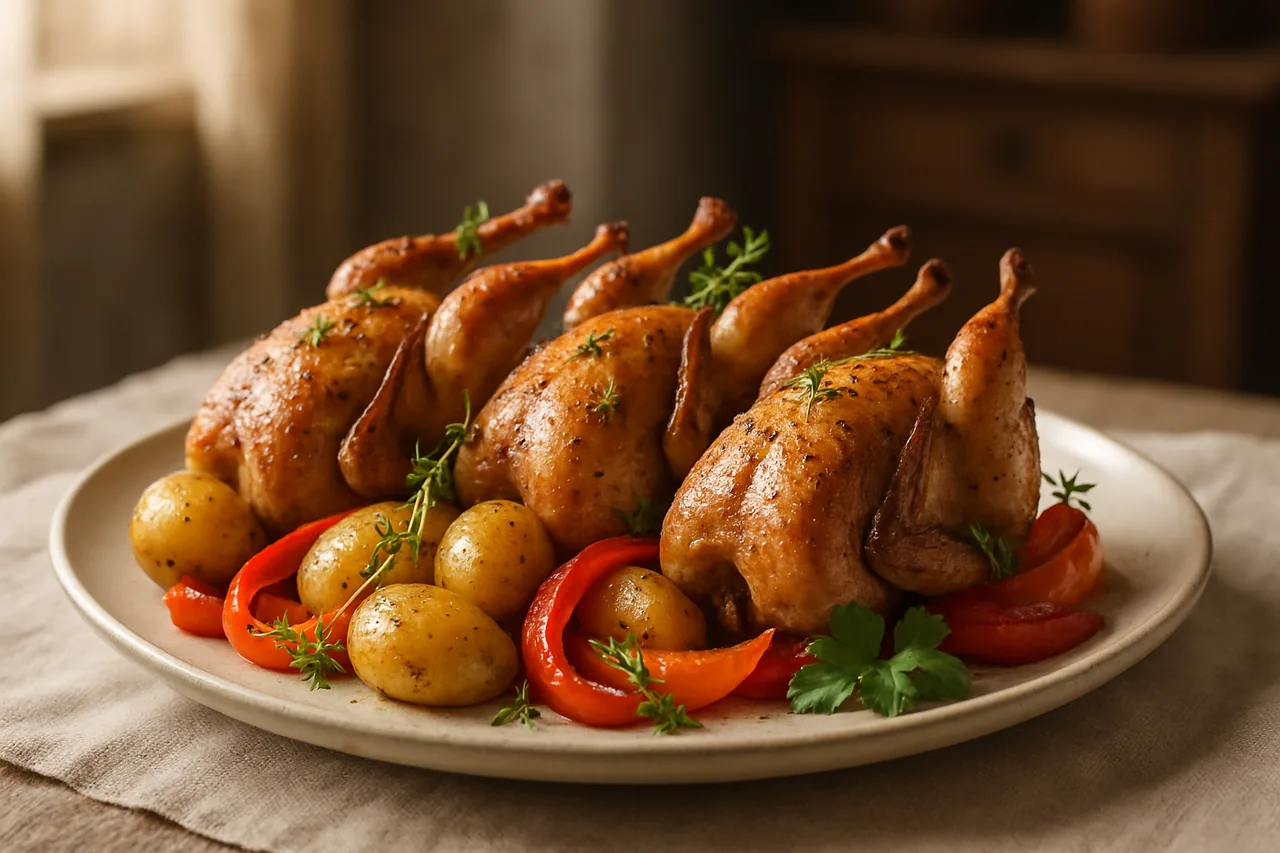 Foto de Codornices asadas con patatas y pimientos