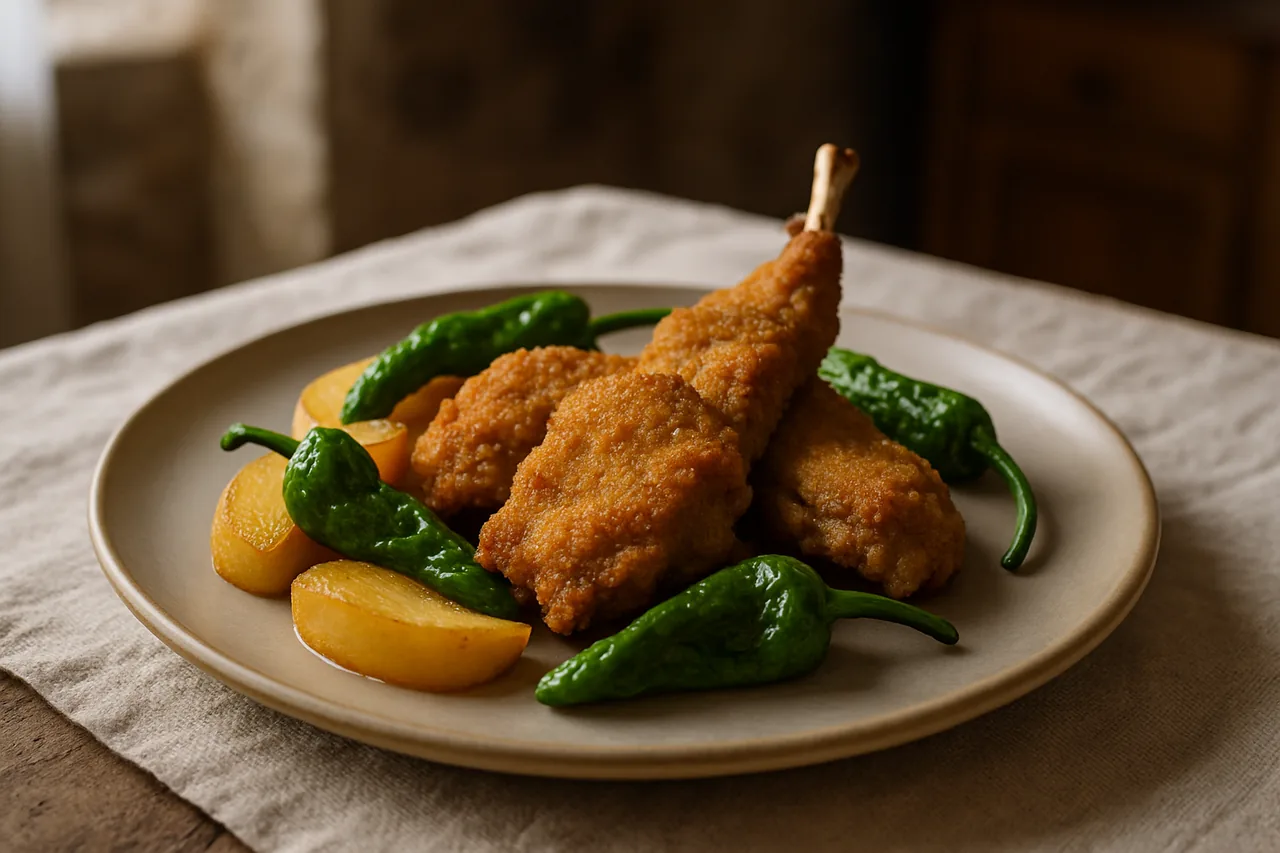 Foto de Conejo empanado con patatas y pimientos