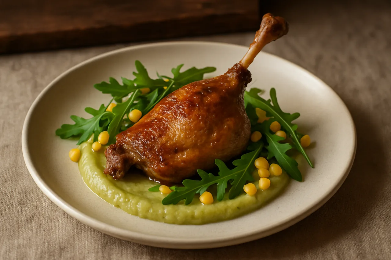 Foto de Confit de pato con puré de manzana y calabacín