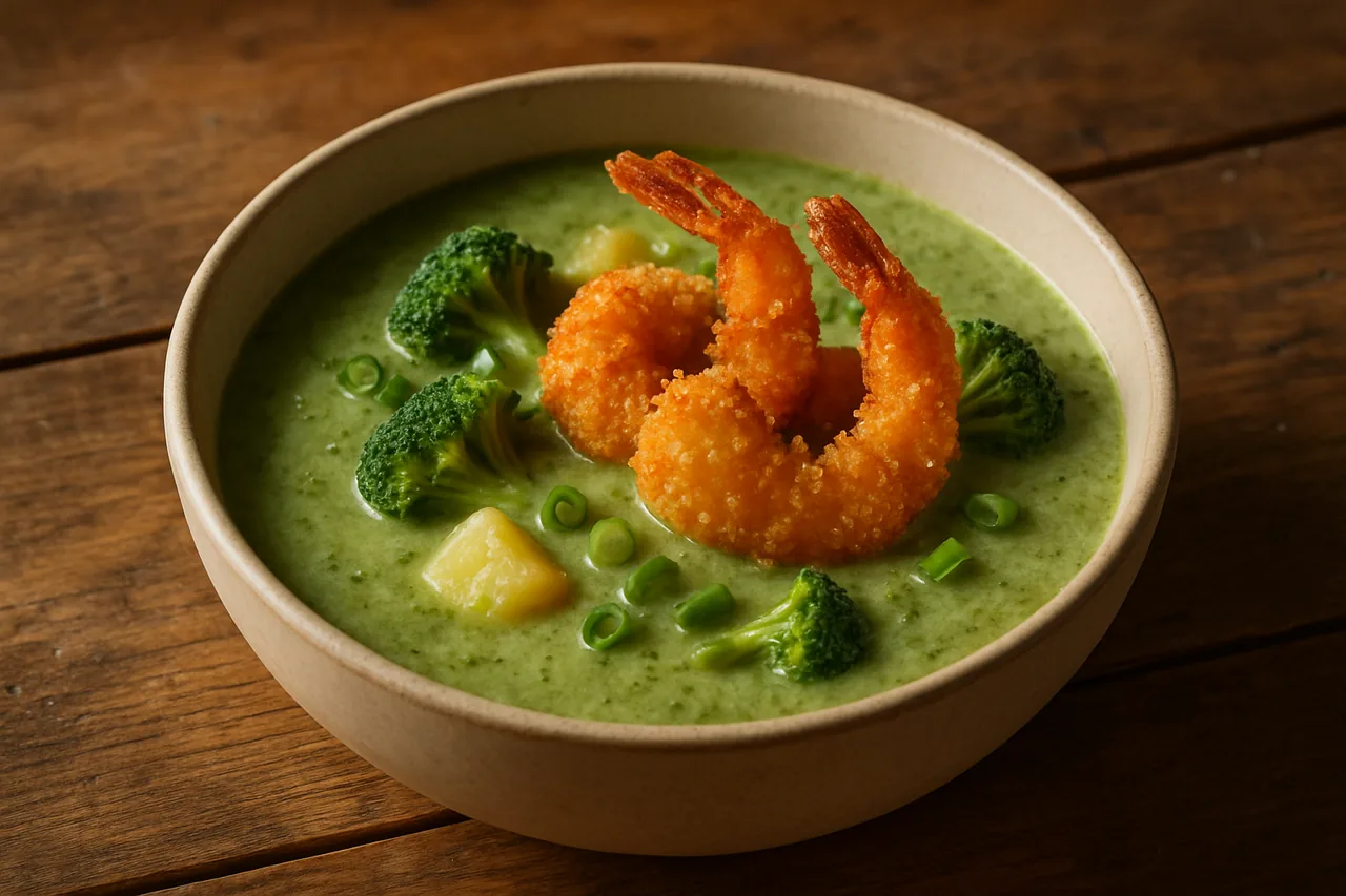 Foto de Crema de brócoli con gambas rebozadas