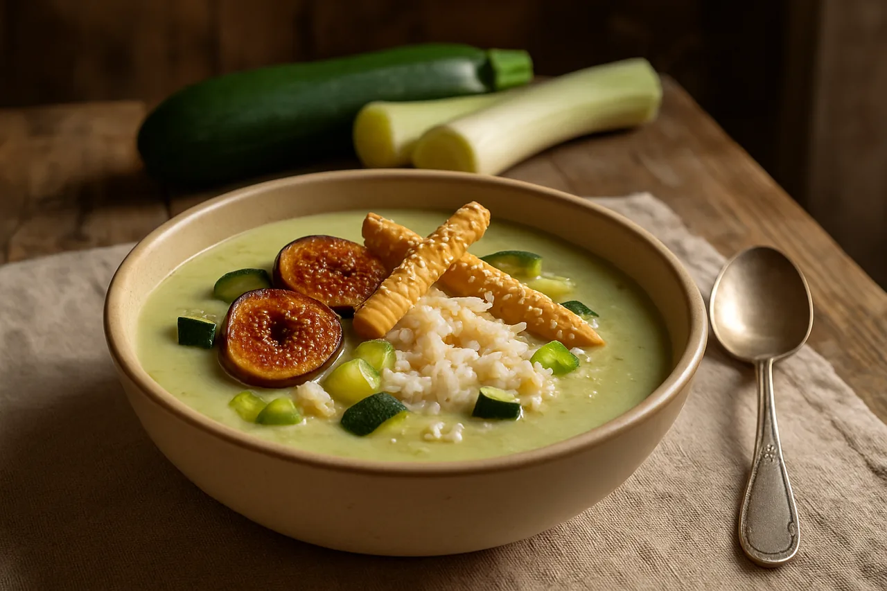 Foto de Crema de calabacín con higos salteados y palitos de sésamo