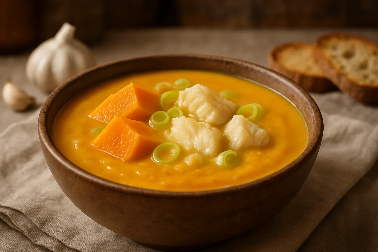 Foto de Crema de calabaza con puerros y bacalao