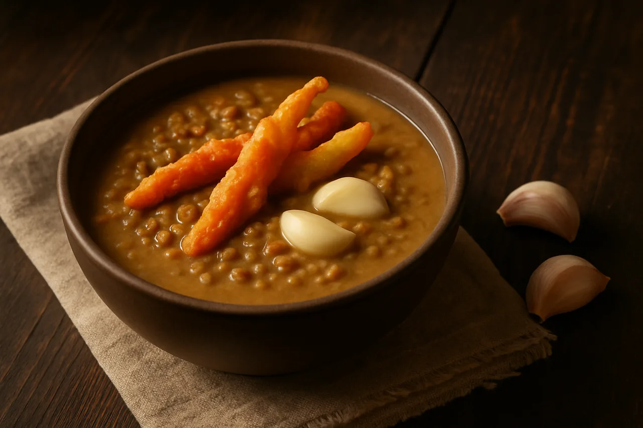 Foto de Crema de Lentejas con Tempura de Zanahorias y Ajos Frescos