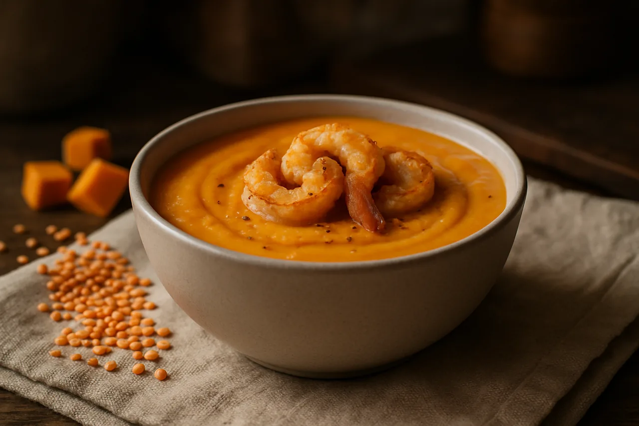 Foto de Crema de lentejas y calabaza con gambas crujientes