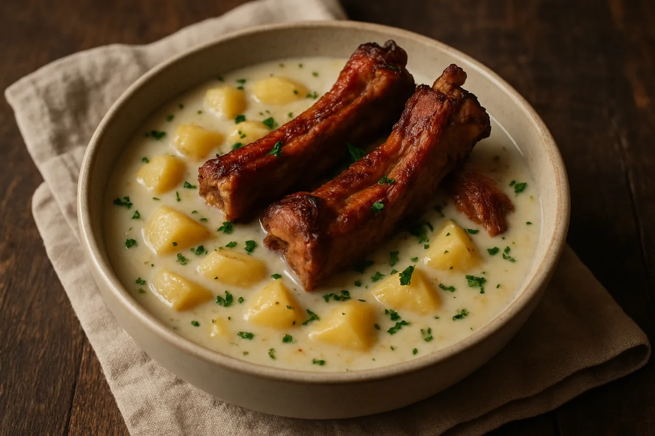Foto de Crema de patata con costillas de cerdo asadas