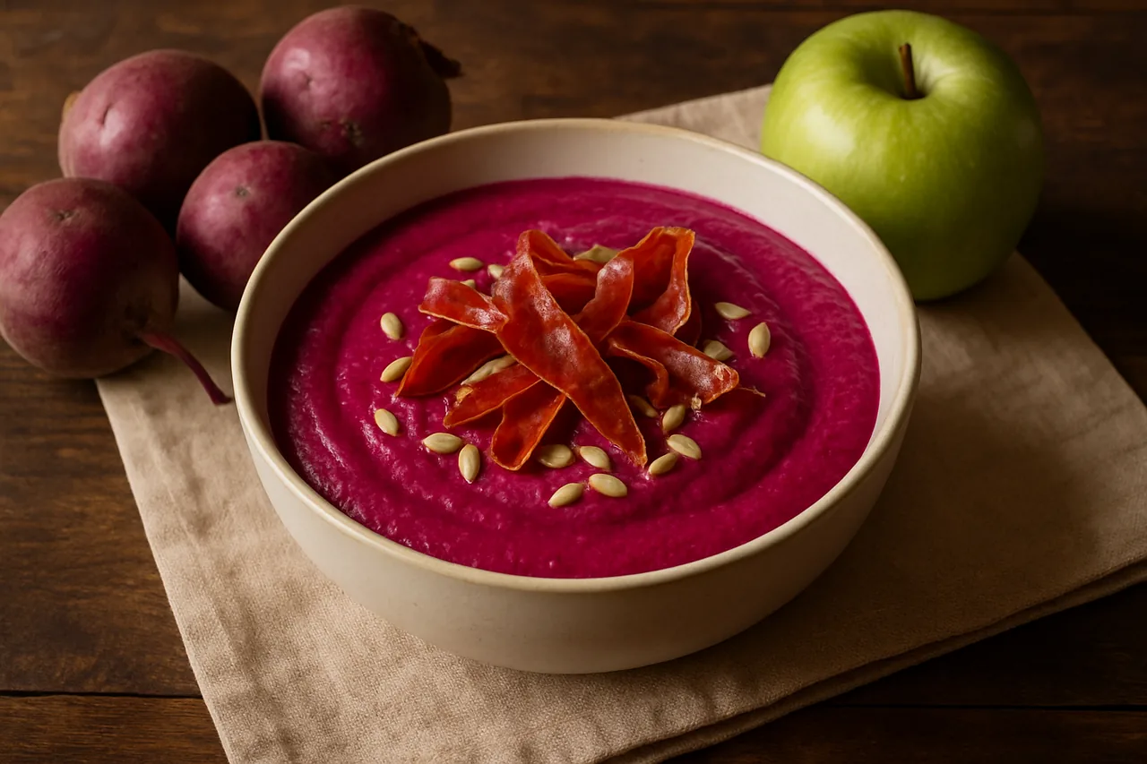 Foto de Crema de Remolacha con Rulos de Jamón