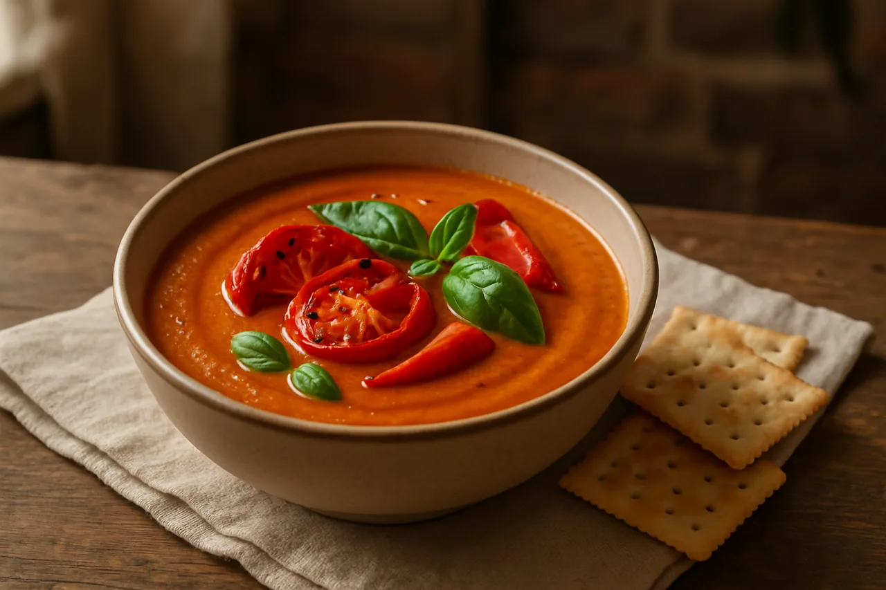 Foto de Crema de tomate asado con galletas saladas