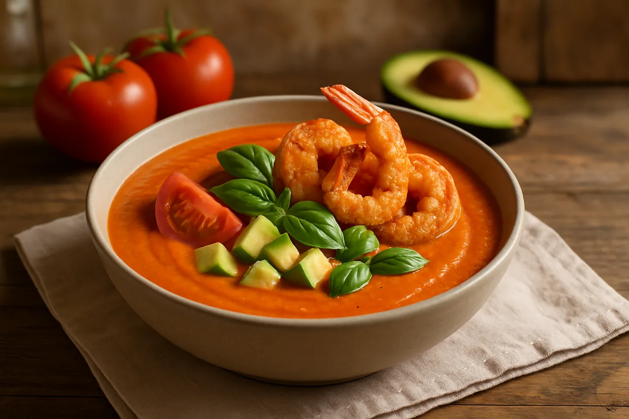 Foto de Crema de tomate y aguacate con gambas crujientes