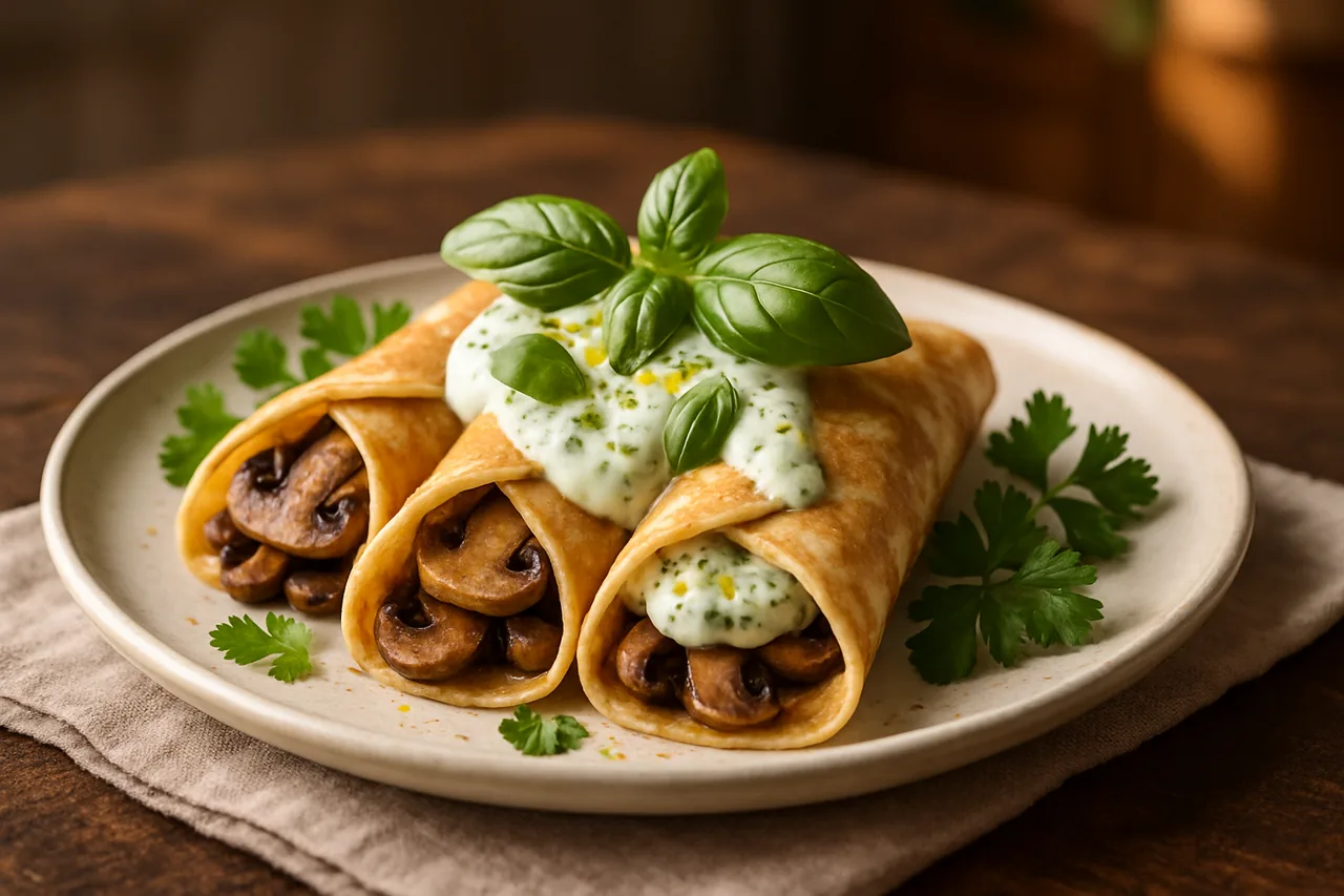 Foto de Crepes de champiñones con salsa de albahaca