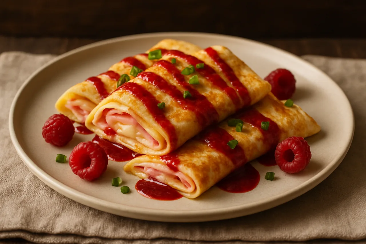 Foto de Crepes de Jamón y Queso con Salsa de Frambuesas