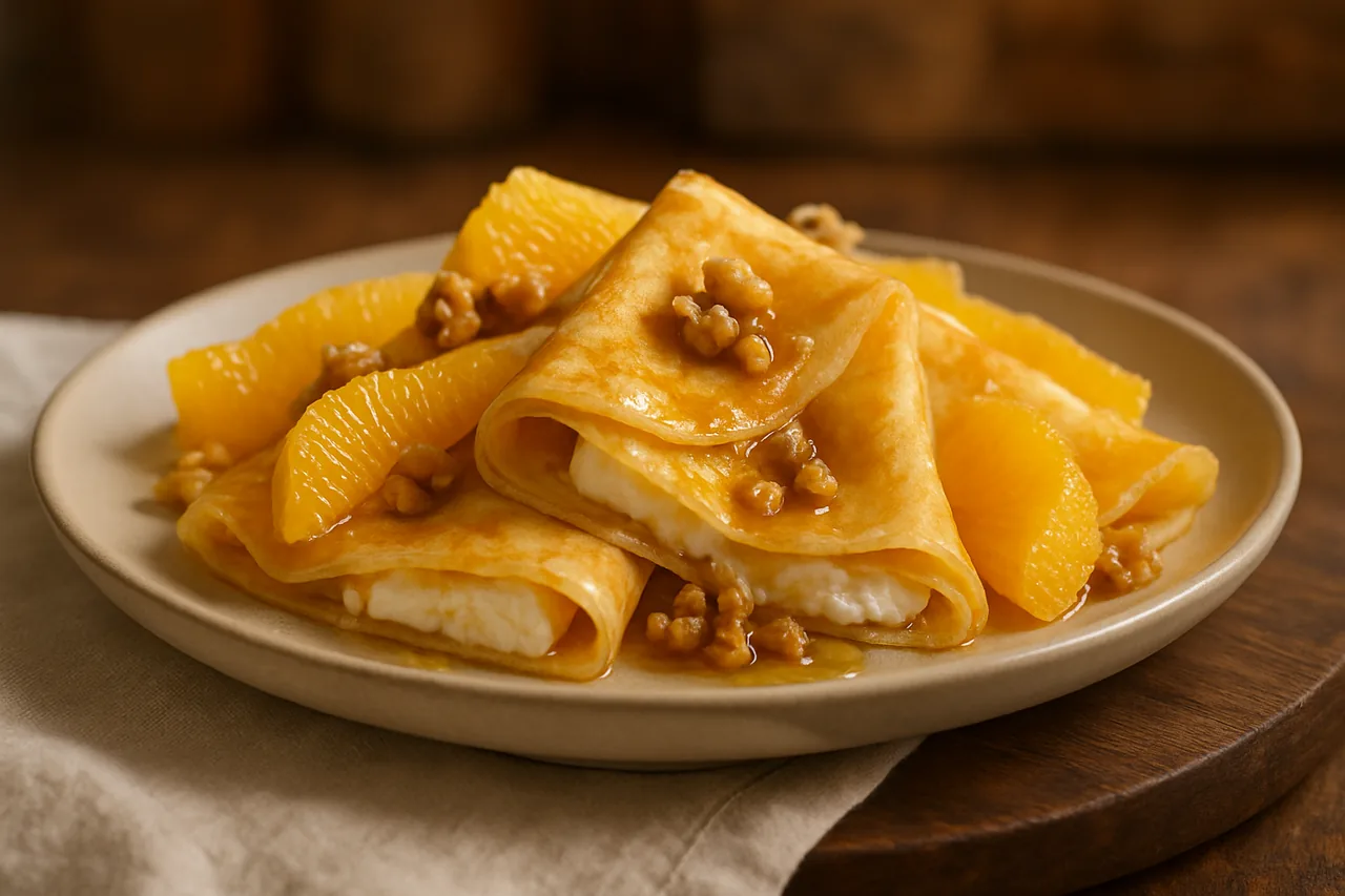 Foto de Crepes de queso fresco con naranja y nueces