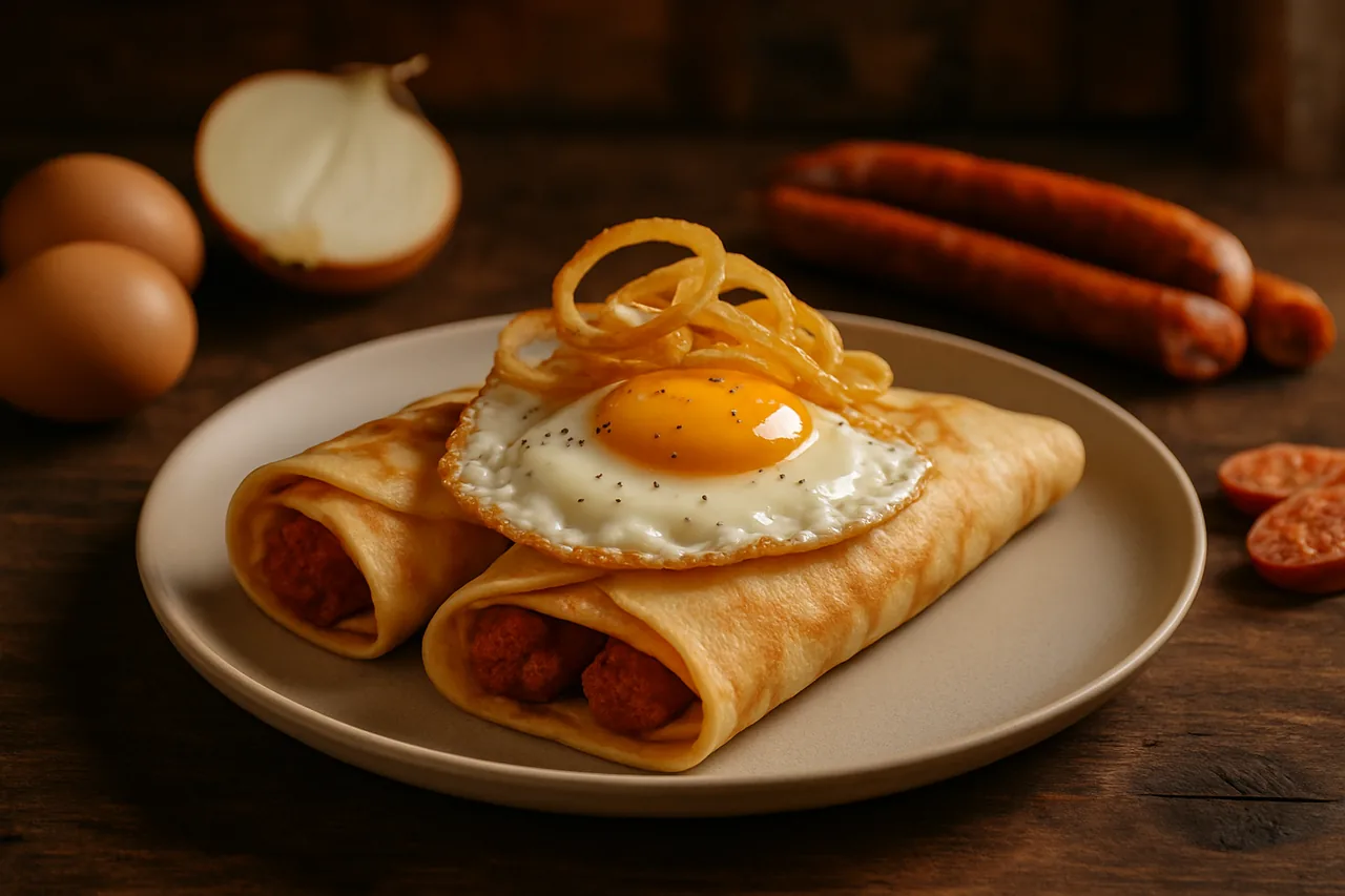 Foto de Crepes de Txistorra con Huevo Frito y Aros de Cebolla