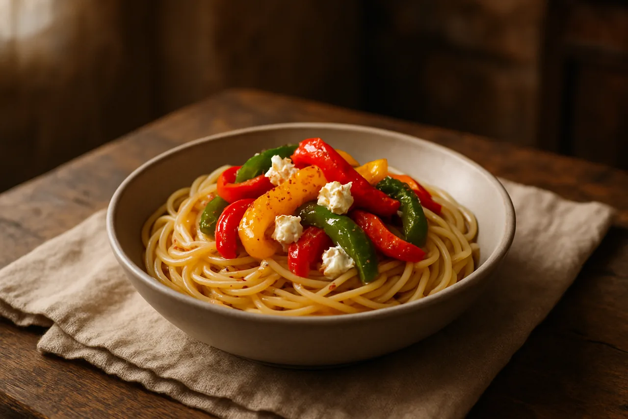 Foto de Espaguetis con pimientos asados y queso de cabra