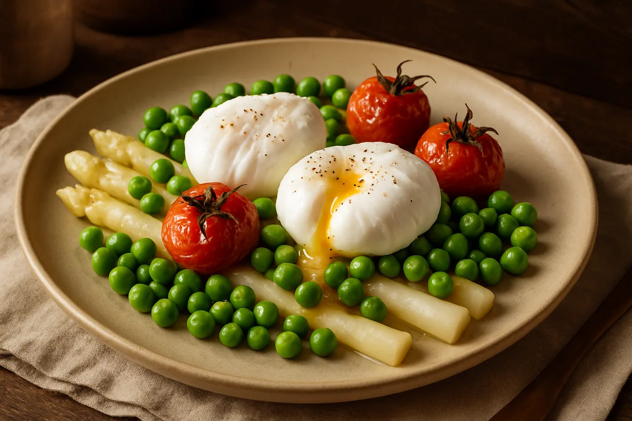 Foto de Espárragos con Guisantes, Huevos y Tomates
