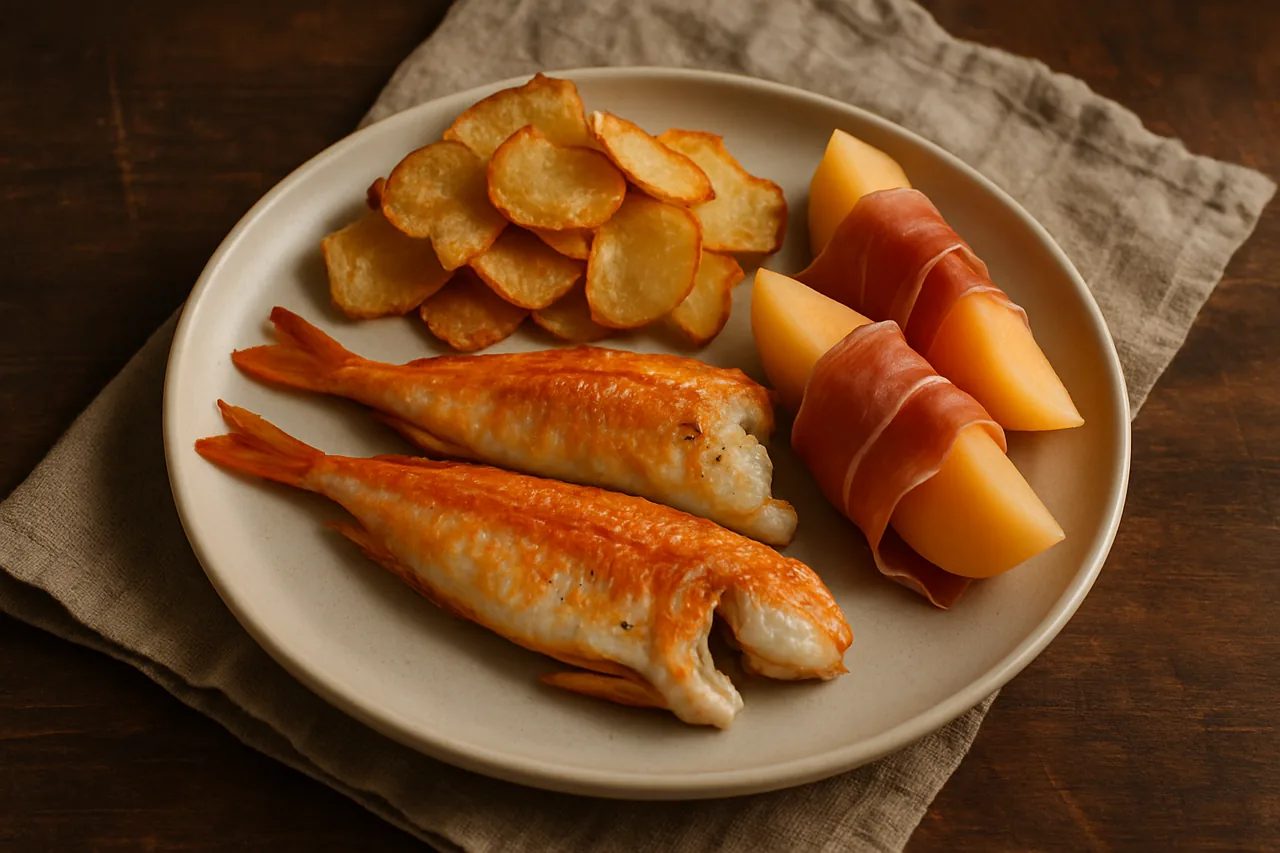 Foto de Gallos con chips de nabo y melón con jamón