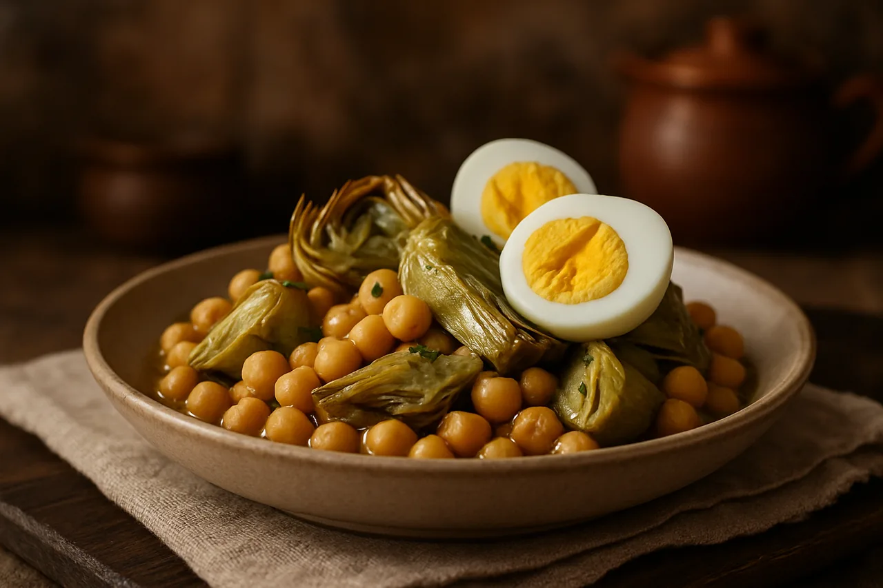 Foto de Garbanzos con alcachofas y huevo cocido