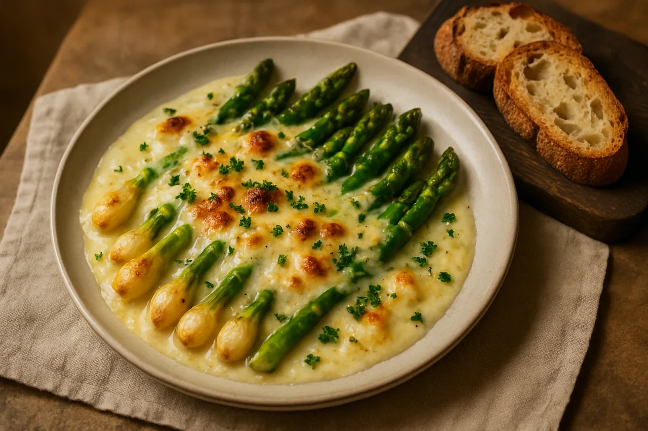 Foto de Gratinado de espárragos y cebolletas con salsa velouté