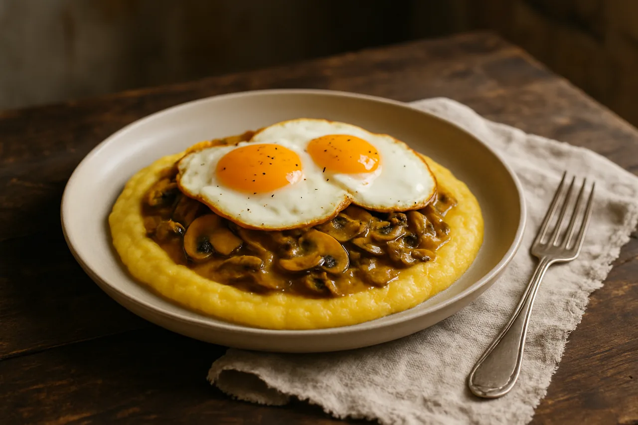 Foto de Huevo frito con polenta de champiñones al curry