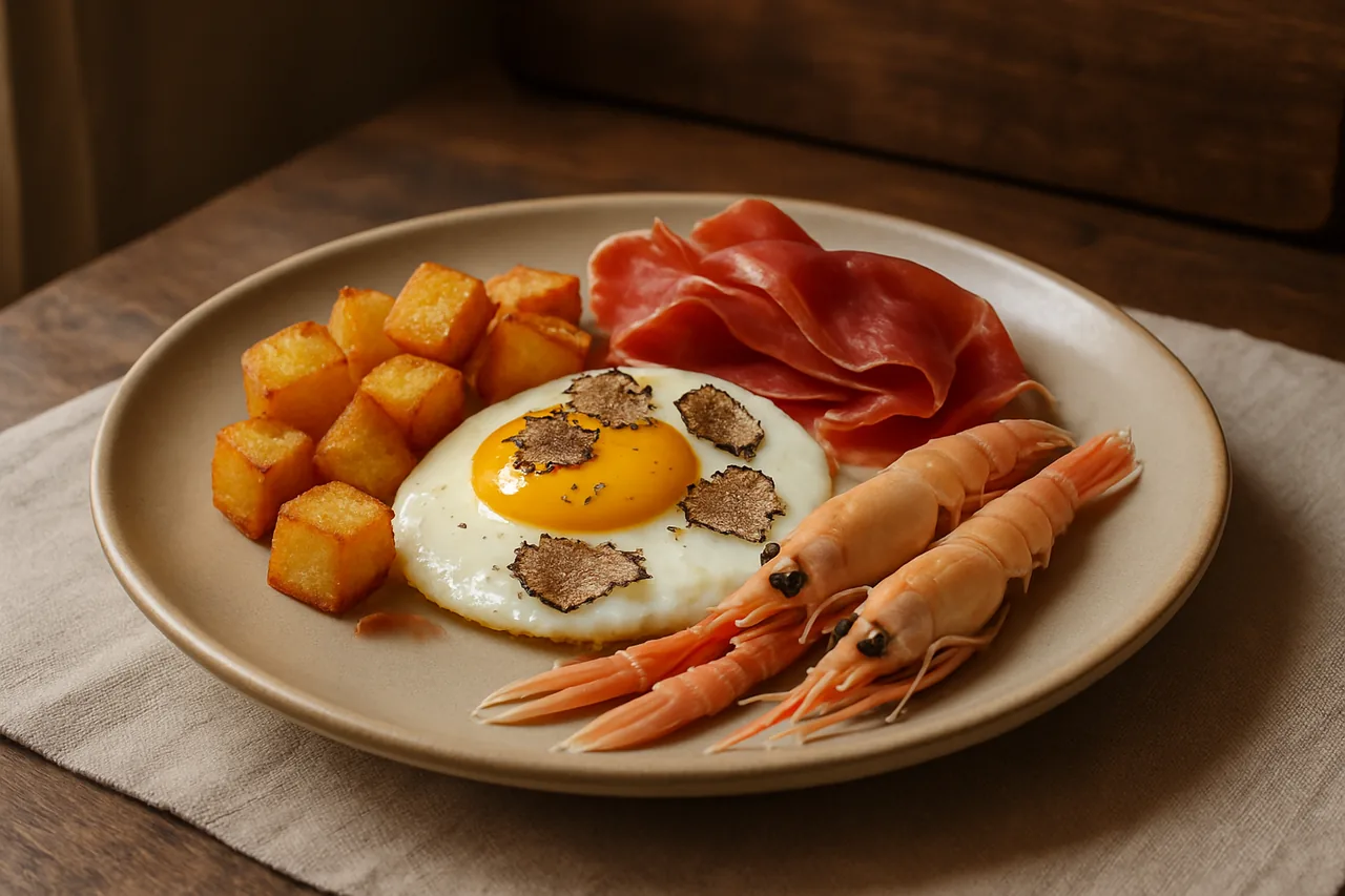 Foto de Huevo trufado con patatas, jamón y cigalitas
