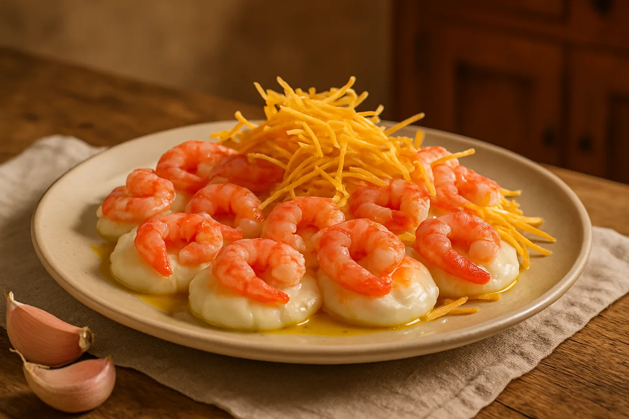 Foto de Huevos con Gambas, Ajos Frescos y Patatas Paja