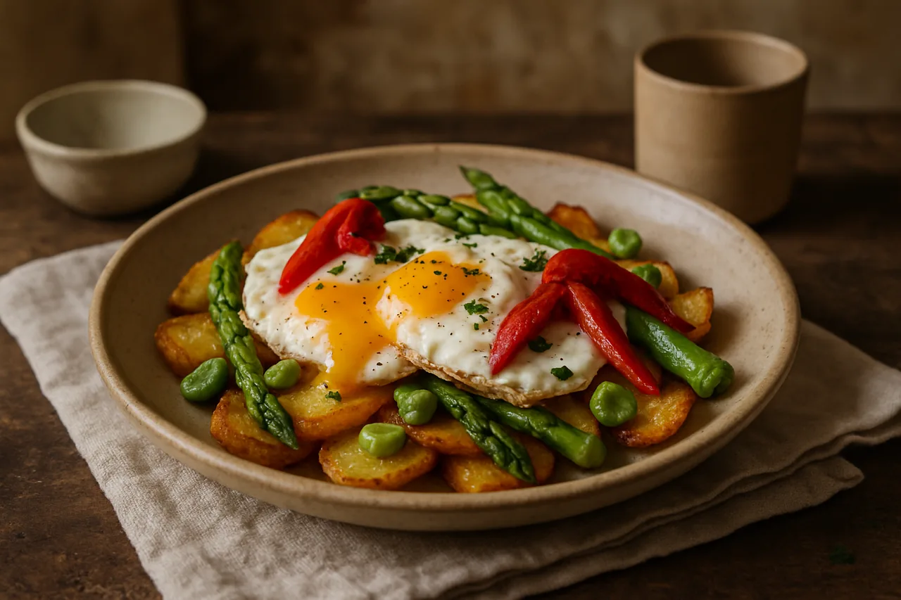 Foto de Huevos Rotos con Patatas, Espárragos y Habitas