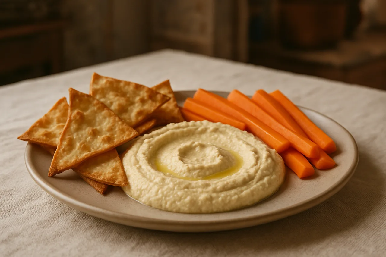 Foto de Hummus con Tortillas Fritas y Bastones de Zanahoria