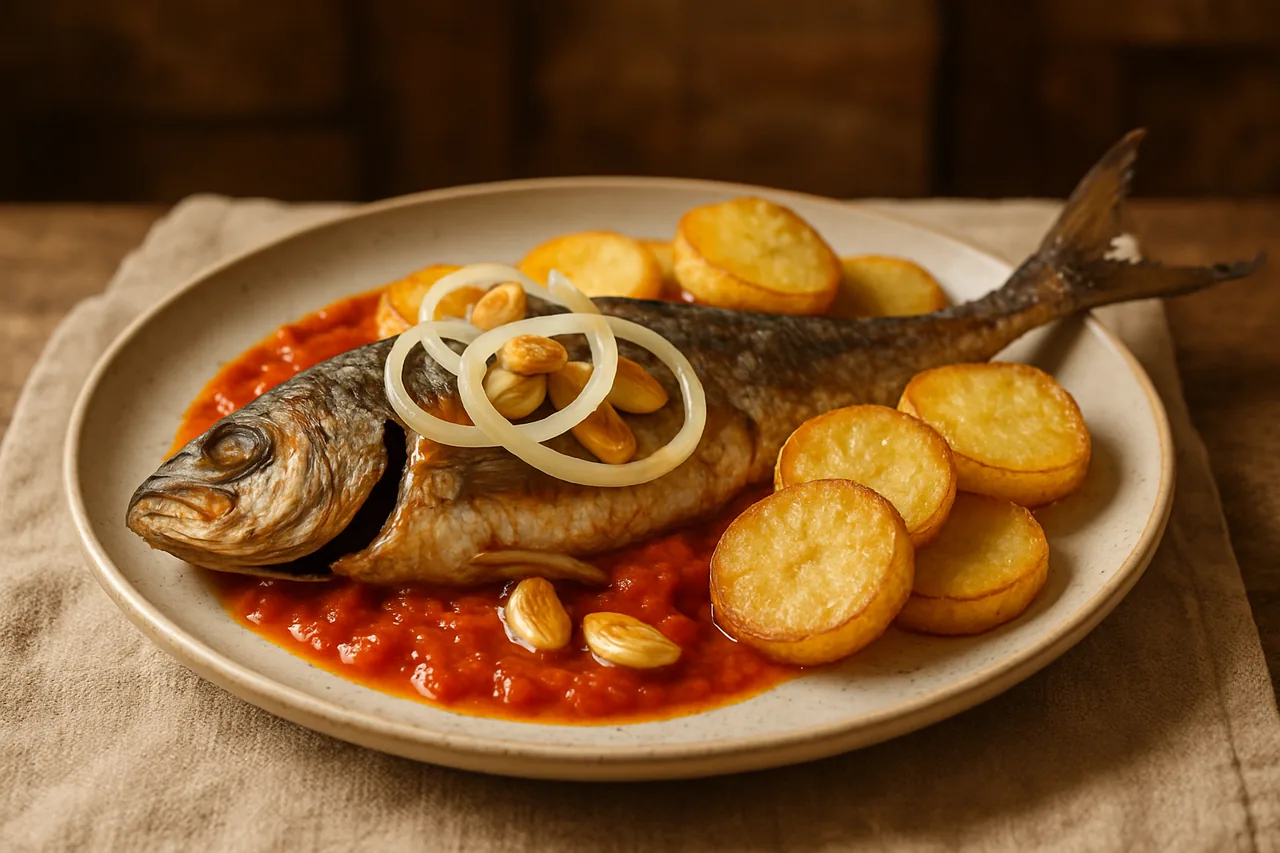 Foto de Jurel Asado con Patatas Panadera y Salsa de Tomate